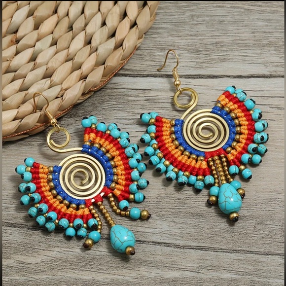 NEW Turquoise, Red, Orange, Colorful Earrings Made with Beads, String, and Metal - Picture 1 of 4